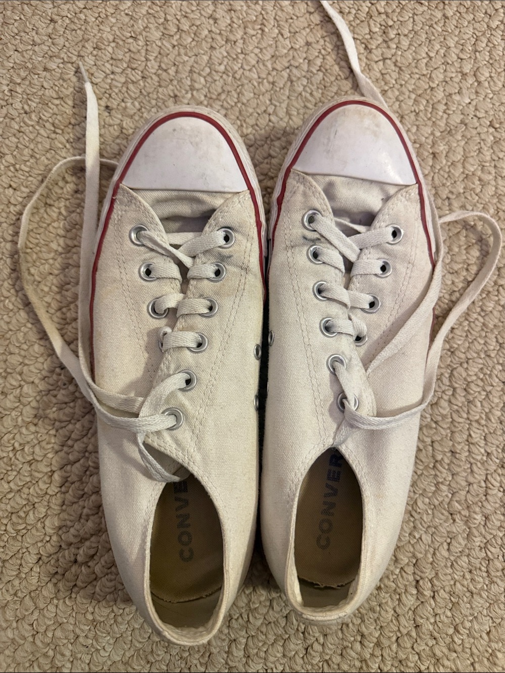 Converse White Low-Top Canvas Sneakers with Red Stripe